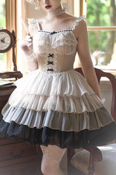 Robe JSK Sweet Lolita à volants superposés à manches volantes et taille en os de poisson avec coucher de soleil multicolore à Paris